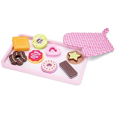 Afbeelding van New Classic Toys Koekjesdienblad en ovenhandschoen van hout, educatief imitatiespel voor kinderen, 10625, meerkleurig, 10 stuks
