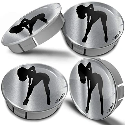 Afbeelding van Biomar Labs® 4 x 60 mm ABS kunststof 3D sexy stripper silhouet meisje zilveren naafdoppen midden doppen auto wielnaafdop universele velg CS 5