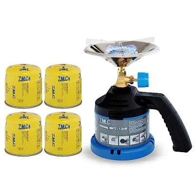 Afbeelding van Z.M.C Campingkooktoestel + 4 gaspatronen 190 g, gasfornuis met handvat voor camping, houtskoolaansteker buiten, patroonkoker boorpatroon, kleine gasbarbecue
