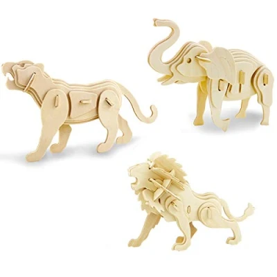 Afbeelding van Georgy Porgy Bouwsets van hout, 3D puzzel, decoupeerzaag, modellen, puzzels, houten modellen voor kinderen, speelgoed vanaf 5 jaar, 3 stuks (olifant, leeuw, tijger)