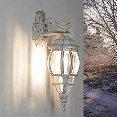 Afbeelding van Licht Erlebnisse Wandlantaarn, glas, aluminium, wit, goud, IP44, voor terras, voordeur, P: 24,5 cm, E27, landhuis, rustieke buitenlamp, carport, tuin
