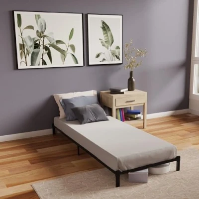 Afbeelding van Dreamzie Bed 90 x 190 cm met houten lattenbodem Bedframe van metaal en latten 6 Poten Hoogte 25 Eenvoudige montage