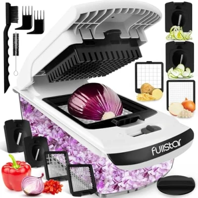 Afbeelding van Multifunctionele groentesnijder, handmatige groentesnijder en kubus, ui, wortel, komkommer, tomaten, fruit, keukenaccessoires (4 in 1 wit)