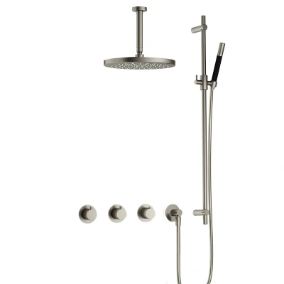Afbeelding van Hotbath Cobber Regendoucheset IBS70 Geborsteld Nikkel Staaf handdouche 30cm Hoofddouche 15cm Plafondbuis Handouche met glijstang