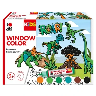 Afbeelding van Marabu 306000004 Kids Dinosaurusset, 6 x 25 ml raamverf op waterbasis, 2 sjablonen A3 en A4, 30 motieven, voor kinderen vanaf 3 jaar, 30600000004, meerkleurig, medium
