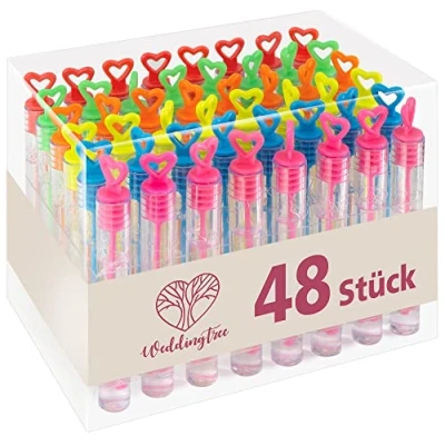 Afbeelding van WeddingTree Zeepbellenset in regenboogkleuren met hartvormige handgreep, ideaal voor bruiloft, doop, verjaardag, verloving, Valentijnsdag, feest