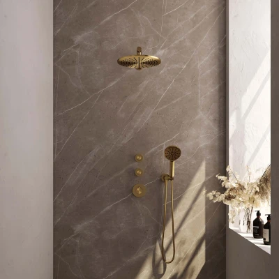 Afbeelding van Brauer Gold Edition Regendoucheset inbouw hoofddouche 30cm 3 gladde knoppen rechte wandarm handdouche rond standen PVD geborsteld goud