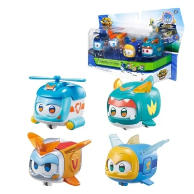 Afbeelding van Super Wings Pet Set van 4 Shine, Golden Boy, Jerome, Ellie met schakelbare gezichtsuitdrukking, flash effect, draagbaar, speelgoed voor kinderen 3, 4, 5, 6, 7, 8 jaar