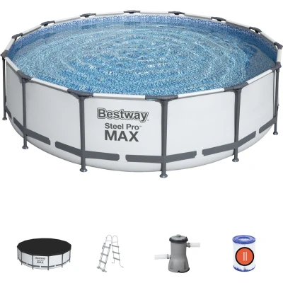 Afbeelding van Bestway Opzetzwembad Steel Pro Max Set Rond Ø 427 x 107 cm PVC/Staal Corrosiebestendig Frame Met Filterpomp/Trap/Cover/Reparatie Patch Wit