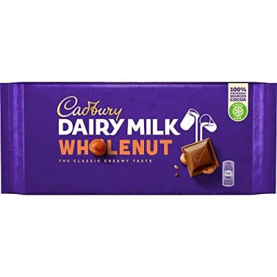 Afbeelding van Cadbury Whole Nut, Dairy Milk Chocolade romige melkchocolade met hele hazelnootstukjes heerlijke snoepjes volle smaak noten, 180 g
