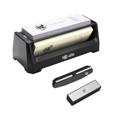 Afbeelding van MITSUMOTO SAKARI Japanse slijpsteen, messenslijper 240/1000/6000 Grit en grove precisie, nieuwe 3 zijdige slijpsteen met antislip ABS basis