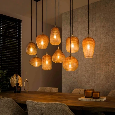 Afbeelding van Summer hanglamp 5+4 dot patroon amberkleurig glas