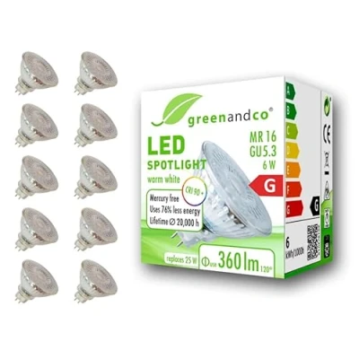 Afbeelding van 10 x greenandco® CRI 90+ 3000K 110 led spot GU5.3 MR16 6 W komt overeen met 25 W, 360 lm, warmwit, SMD LED, 12 V AC/DC, glas, niet dimbaar