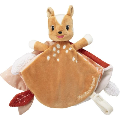 Afbeelding van Sophie de giraf knuffeldoekje Fanfan het hertje Babyknuffel Baby Kraamcadeau Babyshower cadeau Op beige kaart Vanaf 3 maanden 15 x cm