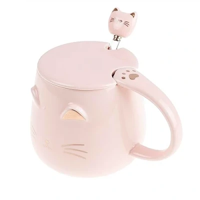 Afbeelding van lachineuse KAWAII kattenmok roze kleur met deksel en lepel
