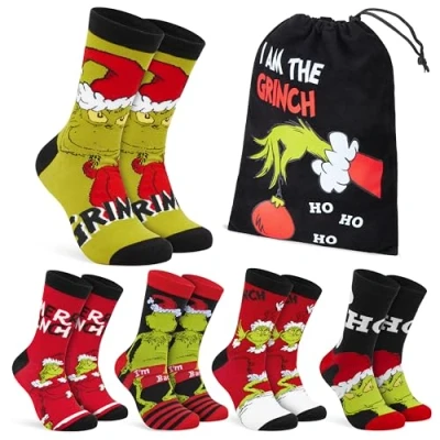 Afbeelding van The Grinch 5 paar sokken voor heren, zacht en ademend, grappige cadeaus mannen, zwart/meerkleurig, 6,5/10,5 UK, Zwart/Veelkleurig