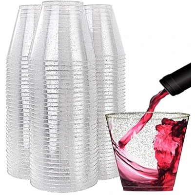 Afbeelding van KAHEIGN 60 stuks feestbekers van kunststof met zilveren glitter, 270 ml, ronde dessertkommen, transparant, herbruikbaar, voor whisky, pudding, mousse (7 x 8,5 cm)
