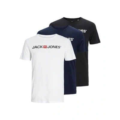 Image de JACK &amp; JONES Homme T shirt Jjecorp Logo Tee S Crew Neck 3 pièces Mp, Blanc/pack : 1 noir, bleu marine, blanc, M