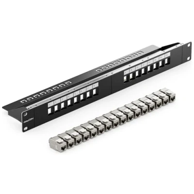Afbeelding van deleyCON Kit met 16 poorten, modulair patchpaneel, 1 U 19 inch, rack installatie + x Keystone RJ45 CAT6a modules, compatibel LAN kabel, CAT5, CAT6, CAT7, installatiekabel, zwart