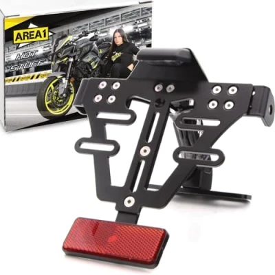 Afbeelding van Area1 Hoogwaardige CNC kentekenplaathouder voor motorfietsen, aluminium, met E gecertificeerde verlichting en reflector, compatibel KSR