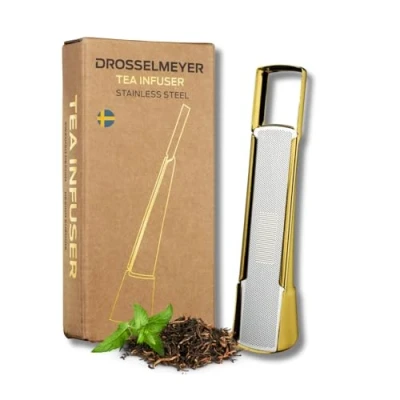 Afbeelding van Theefilter van roestvrij staal, ontworpen en geproduceerd in Zweden, theezeef met druppelvrije handgreep, elegant design microgeperforeerd schuifdeksel, thee ei (goud)