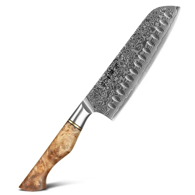 Afbeelding van Professioneel 7&quot; Santokumes VG10 Damascus staal (67 lagen) HEZHEN B30 Series Handvat van Plataanhout met Klinknagel Mozaïek