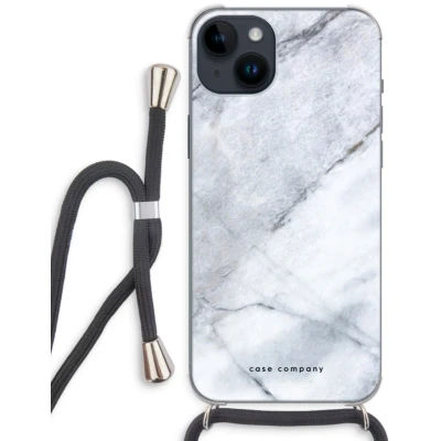 Afbeelding van Case Company® hoesje met Koord geschikt voor iPhone 14 Plus Witte marmer Telefoonhoesje Zwart Extra Bescherming aan alle Kanten en Over de Schermrand