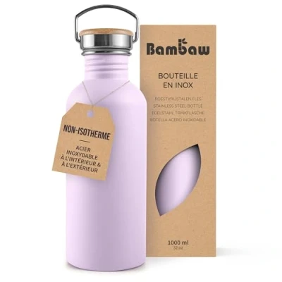 Afbeelding van Bambaw® Waterfles 1 liter Enkelwandige drinkfles RVS Niet Geïsoleerd Lekvrij, en Plasticvrij met Bamboe Dop Waterflessen Volwassenen Perfect voor Reizen, Werk, Yoga, Wandelen Dagelijks Gebruik Water Fles violet