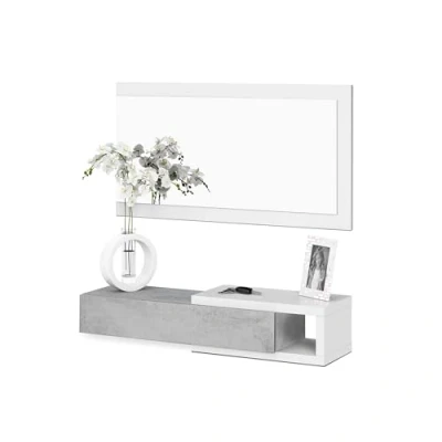 Afbeelding van Halmeubel met lade en spiegel, model Noon, afgewerkt in Artik wit cementgrijs, afmetingen: 95 cm (breedte) x 19 (hoogte) 26 (diepte)