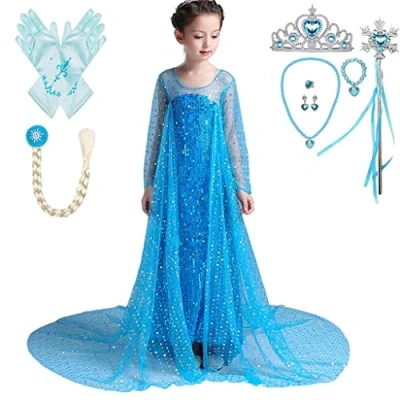Afbeelding van Lito Angels kostuum met pailletten, ijskoningin, prinses Elsa treincape en accessoires voor kinderen, meisjes, maat 9 10 jaar, blauw