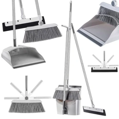 Afbeelding van KADAX bezem met steel, en schep 3 in 1 vloerschraper, multifunctionele bezem, lange steel voor thuis, kantoor, hal, set