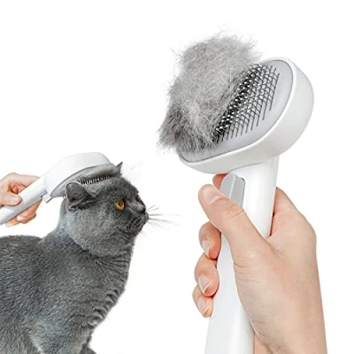 Afbeelding van aumuca Kattenborstel, Hondenborste, Zelfreinigende Slicker Borstel voor Honden Katten, Huisdierborstels met One Touch Design, Haarverwijderaar, Gemakkelijk te Reinigen en Verwijdert Klitten (Wit)