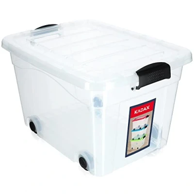 Afbeelding van KADAX opbergdoos van transparant kunststof met 40 liter wielen, organizer deksel, clipbox voor speelgoed, kliksluiting
