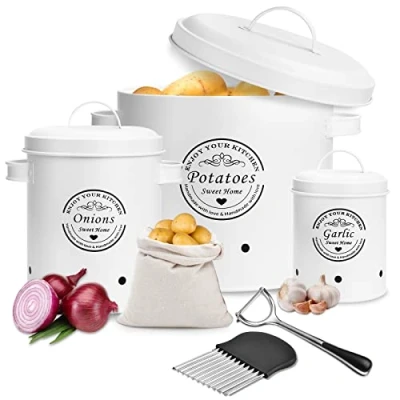 Afbeelding van TAVADA Aardappeldoos, set van 3 aardappelen, uienpot, knoflookpot, voorraadpotten en metaal, luchtig design voor eenvoudig opbergen (wit)