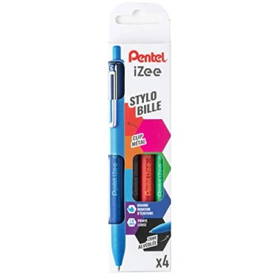 Afbeelding van Pentel BX470/4BASIC 4 intrekbare iZee balpennen met metalen clip zwart/blauw/rood/groen