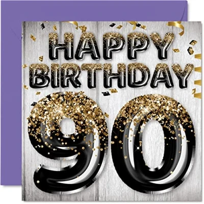 Afbeelding van stuff4 Verjaardagskaart 90 jaar mannen Zwarte en gouden ballonnen Verjaardagskaarten voor jaar, papa, opa, oma, 145 mm x