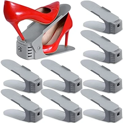Afbeelding van SaiXuan Set van 10 verstelbare schoenenhouders, stapelschoenen, schoenenorganizer, ruimtebesparend, rek voor schoenen, (grijs)