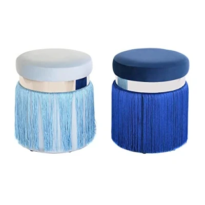 Afbeelding van Voetensteun DKD Home Decor Zilverkleurig Metaal Hemelsblauw Marineblauw Franjes 35 x 41 cm (...