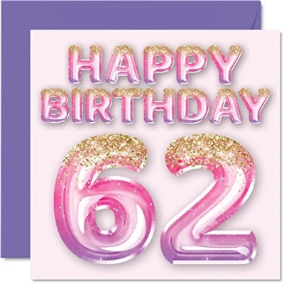Afbeelding van Verjaardagskaart voor vrouwen Roze en paarse glitter ballonnen Verjaardagskaarten 62 jaar moeder oma tante 145 mm x mm,