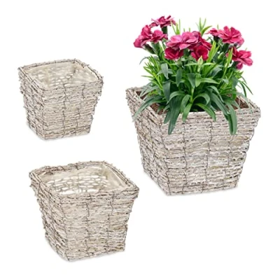 Afbeelding van Relaxdays bloempot set van 3 rotan bleombak met folie vierkant wit/natuur