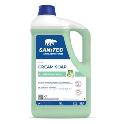 Afbeelding van Sanitec, Luxor Green Aloe, hydraterende en antibacteriële geurzeepcrème, reinigt de handen laat ze fris schoon achter, pH 5,5, dermatologisch getest, 5 l, 5000 ml