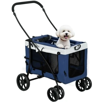 Afbeelding van PawHut Opvouwbare 2 in 1 kinderwagen voor honden en katten tot 10 kg met kussen, netramen, deuren, opbergmand, kattenwagen, blauw