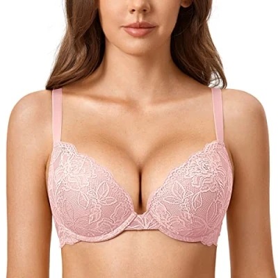 Afbeelding van DOBREVA Dames push up beha kant met beugels diep gevoerd gevormd, Naakt roze