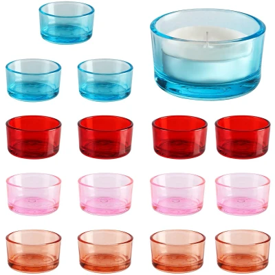 Afbeelding van Belle Vous 16 Pak Kleurrijke Glazen Theelicht Votief Kaars Houders 4,5 cm in Diameter en 2,5 Hoogte Ronde Kandelaar Houder Set voor Huisdecoratie, Bruiloften, Feesten Tafel Aankleding