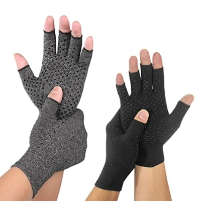 Afbeelding van LdawyDE artritis handschoenen 2 paar halve vinger compressie handschoenen, grijs+zwarte vingerloze dames/mannen ter verlichting van gewrichtspijn, Grijs + zwart, M, Zwart