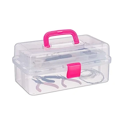 Afbeelding van Relaxdays opbergbox met handvat 9 vakjes naaikoffer transparante gereedschapskist roze