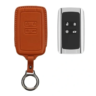 Afbeelding van kwmobile leren autosleutel hoesje geschikt voor Renault 4 knops Smartkey (alleen Keyless Go) Als sleutelhanger met sleutelring Echt leer in bruin