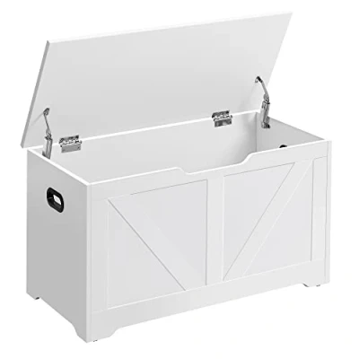 Afbeelding van VASAGLE Opbergkist, schoenenbank, ingangsmeubel, met 2 veiligheidsscharnieren, imitatie schuur, 40 x 80 46 cm, voor hal, slaapkamer, woonkamer, wit LSB062T14