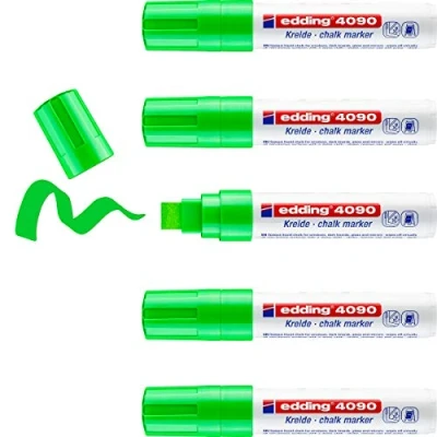 Afbeelding van Edding 4090 vloeibare krijtmarker, lichtgroen, 5 vloeibaar krijt, 4 15 mm, afwasbare krijtstift om op schijven, glas, leisteen, in dekkende kleuren
