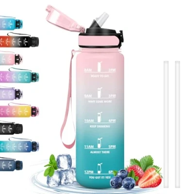 Afbeelding van Lekvrije sportfles, 1 liter, fles met tijdschaal, rietje, gemakkelijk te reinigen, drinkfles voor sport, fitness, fietsen, hardlopen, roze cyaan